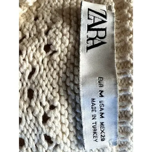 Zara Ivory Open Knit Crop Sweater W. Long Sleeves Size M - Picture 6 of 7